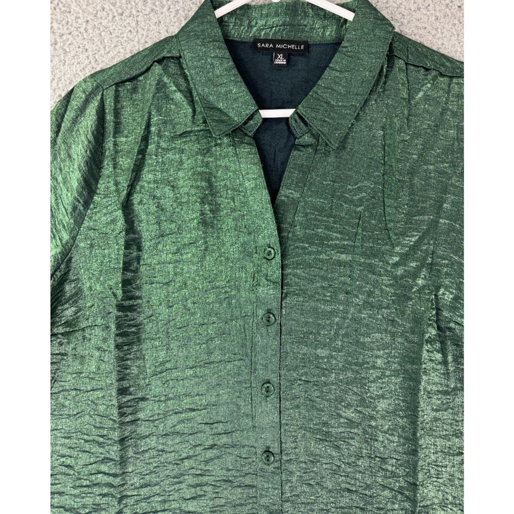 Sara Michelle Blouse Womens XL Green Metallic Button Front NWT